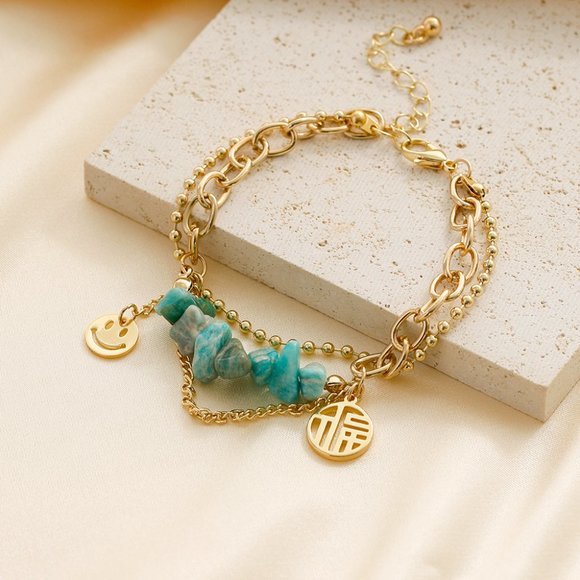 3/$35 Boho Turquoise Stones Charm Bracelet Gold Chain Layered Stainless Steel - Picture 4 of 7